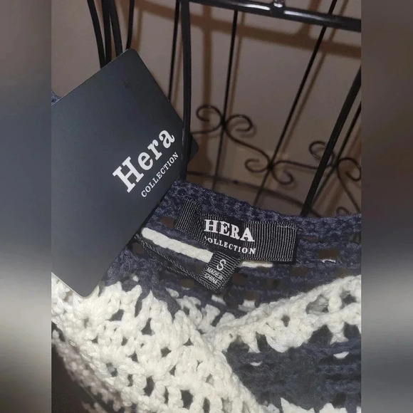 HERA Crochet Open Knit Halter Maxi Dress navy white stripe Wmns S Beach Pool NWT - Picture 3 of 7